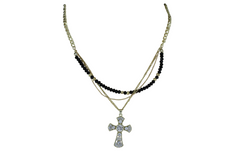 Brand New Layered Cross Necklace for Women, Gold Tone Multi Strand Chain with Black Beads and Clear Rhinestone Pendant, WN59