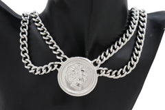 Brand New Women Silver Layered Chain Necklace Coin Pendant With Stud Earrings  -   WN34
