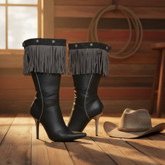 Brand New Women Gray Boot Topper Faux Suede Leather Fringe Winter Silver Flower Charm Pair