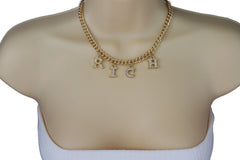 NEW Women Gold Tone RICH Word Necklace Dangling Letter Charms WN73