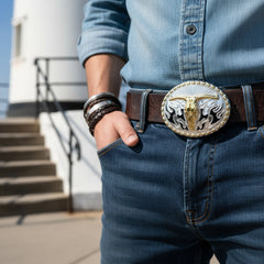 NEW Men Belt Buckle Silver Metal Oval Western Fashion Gold Bull Skull Long Horn Fire