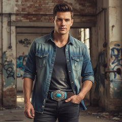 Western Style Ethnic Turquoise Beads Silver Metal Buckle