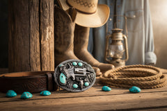 New Men Western Buckle Dark Silver Color Metal Revolver Gun Feather Bull Turquoise