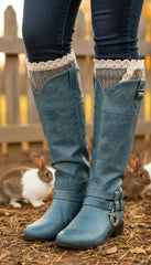 Brand New Women Boots Cover Topper Pair Grey Winter Fabric Slip On White Crochet Buttons