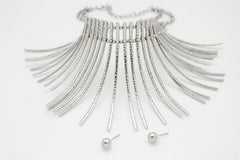 NEW Women Silver Tone Fringe Choker Necklace Earrings Set  WN74
