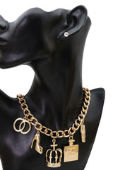 Brand New Women Gold Statement Charm Necklace And Stud Earrings Set Fashionista Jewelry -   WN48