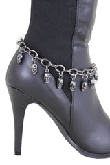 Brand New Women Pewter Color Metal Boot Chain Bracelet Shoe Anklet Mini Skull Charms SET BC311