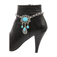 Brand New Women Silver Metal Boot Chain Bracelet Shoe Anklet Turquoise Blue Flower Ethnic Charm SET BC290
