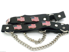 Brand New Adult Western Biker Fashion 2 Boot Straps Pair Black With Silver Chain and USA Flag Accent Adjustable M19