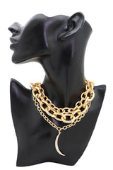 Brand New Layered Gold Tone Chain Necklace for Women, Chunky Mixed Link Statement Jewelry with Rhinestone Crescent Moon Charm, Adjustable 14-17 Inch, WN58