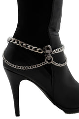 Brand New Women Silver Metal Boot Chain Bracelet Shoe Anklet Wave + Pewter Skull Charm SET BC146