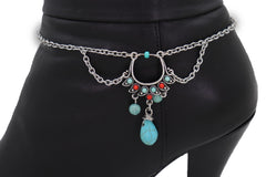 Brand New Women Silver Metal Boot Chain Bracelet Shoe Anklet Ethnic Wave Turquoise and Red Beads Charm SET BC147