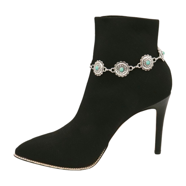 Brand New Women Silver Metal Boot Chain Bracelet Anklet Shoe Flower Charm Turquoise Blue