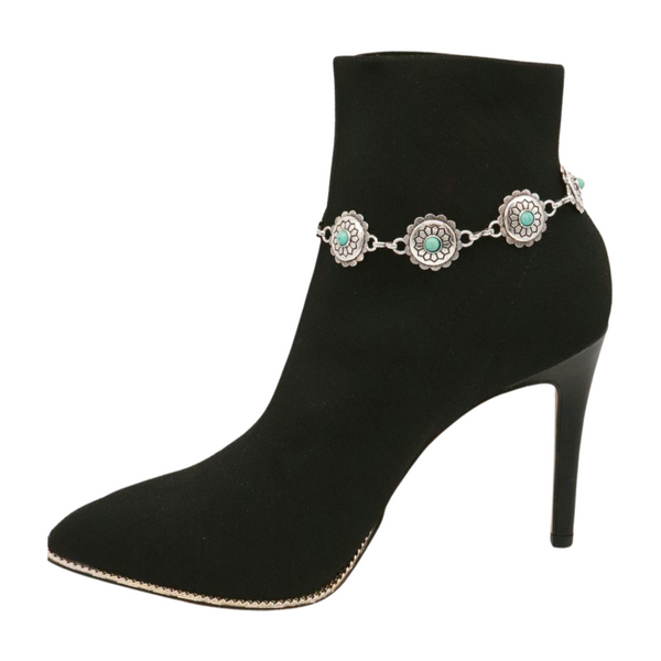 Brand New Women Silver Metal Boot Chain Bracelet Anklet Shoe Flower Charm Turquoise Blue