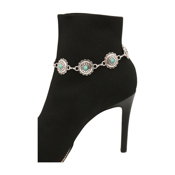 Brand New Women Silver Metal Boot Chain Bracelet Anklet Shoe Flower Charm Turquoise Blue