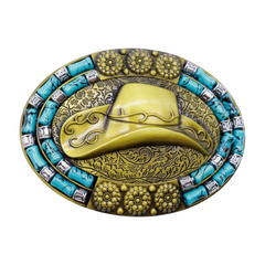 Men Antique Gold Metal Belt Buckle Cowboy Hat Turquoise Blue