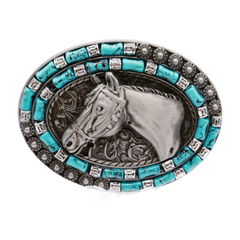 Men Western Belt Buckle Silver Metal Horse Turquoise Blue Beads