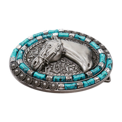 Men Western Belt Buckle Silver Metal Horse Turquoise Blue Beads
