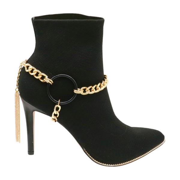 Women Gold Metal Chain Boot Bracelet Shoe Black Circle Charm Tassel