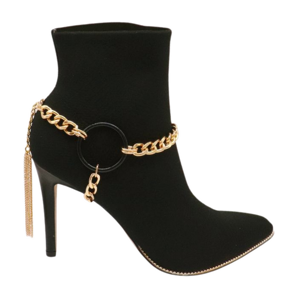 Women Gold Metal Chain Boot Bracelet Shoe Black Circle Charm Tassel