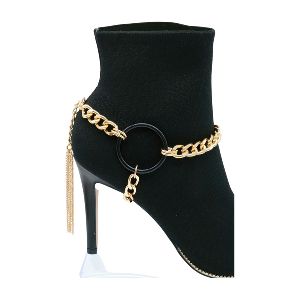 Women Gold Metal Chain Boot Bracelet Shoe Black Circle Charm Tassel