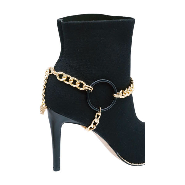 Women Gold Metal Chain Boot Bracelet Shoe Black Circle Charm Tassel