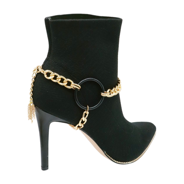 Women Gold Metal Chain Boot Bracelet Shoe Black Circle Charm Tassel