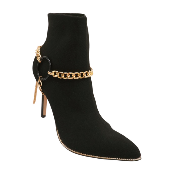 Women Gold Metal Chain Boot Bracelet Shoe Black Circle Charm Tassel