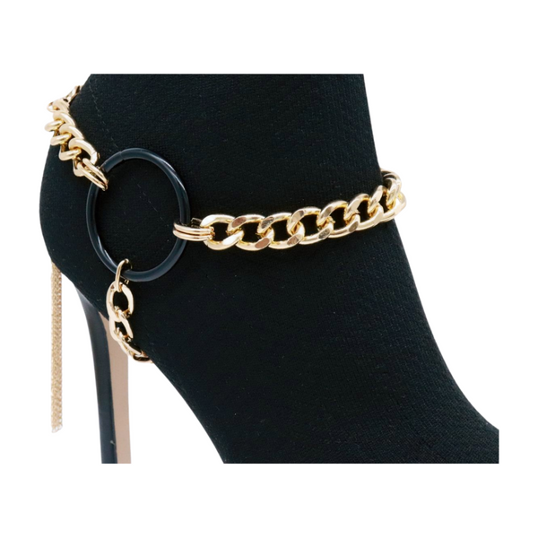 Women Gold Metal Chain Boot Bracelet Shoe Black Circle Charm Tassel