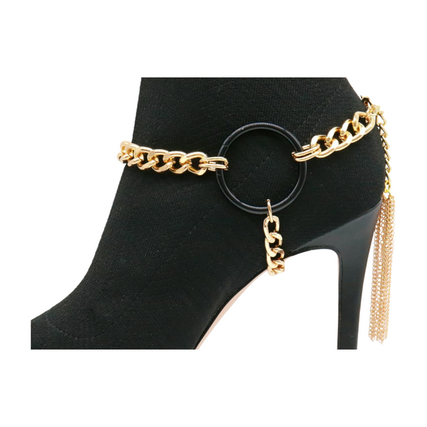 Women Gold Metal Chain Boot Bracelet Shoe Black Circle Charm Tassel