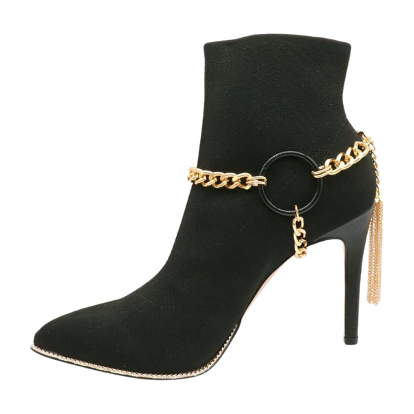Women Gold Metal Chain Boot Bracelet Shoe Black Circle Charm Tassel