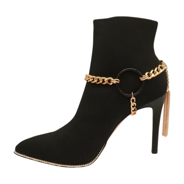 Women Gold Metal Chain Boot Bracelet Shoe Black Circle Charm Tassel