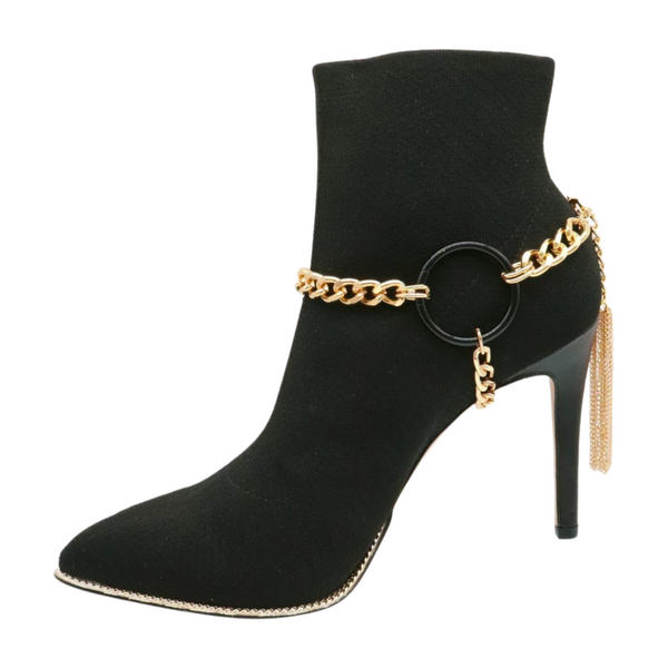 Women Gold Metal Chain Boot Bracelet Shoe Black Circle Charm Tassel