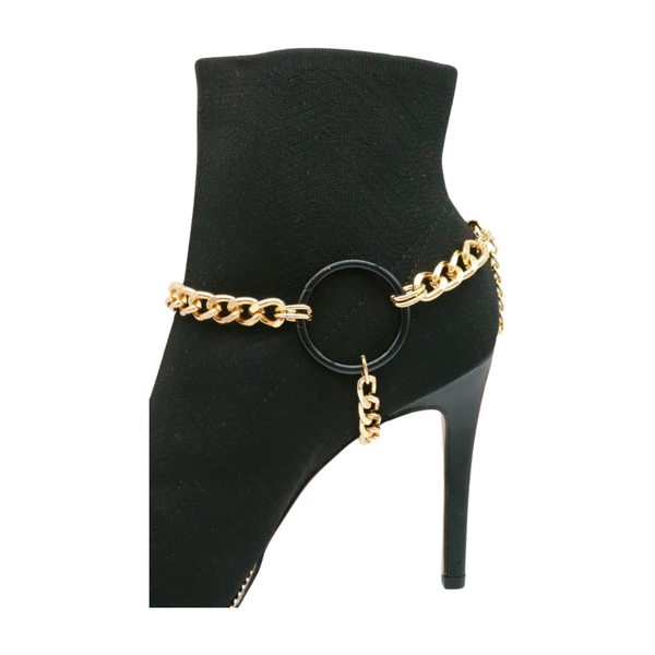 Women Gold Metal Chain Boot Bracelet Shoe Black Circle Charm Tassel