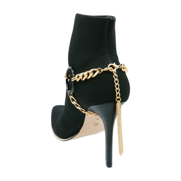 Women Gold Metal Chain Boot Bracelet Shoe Black Circle Charm Tassel