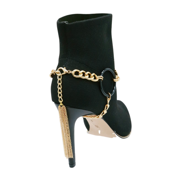 Women Gold Metal Chain Boot Bracelet Shoe Black Circle Charm Tassel