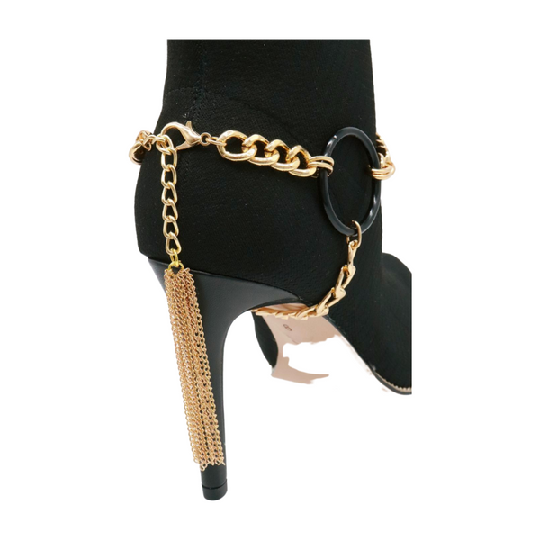 Women Gold Metal Chain Boot Bracelet Shoe Black Circle Charm Tassel