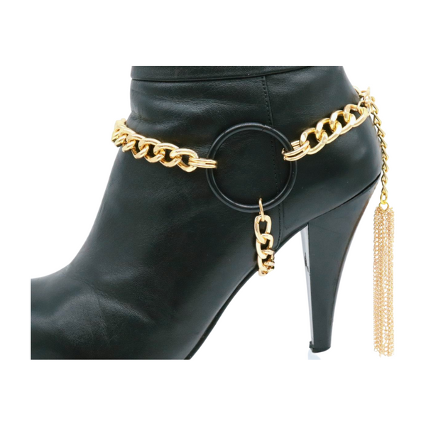 Women Gold Metal Chain Boot Bracelet Shoe Black Circle Charm Tassel