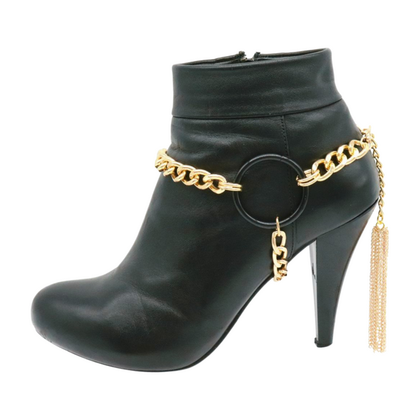 Women Gold Metal Chain Boot Bracelet Shoe Black Circle Charm Tassel