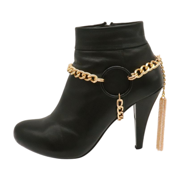 Women Gold Metal Chain Boot Bracelet Shoe Black Circle Charm Tassel