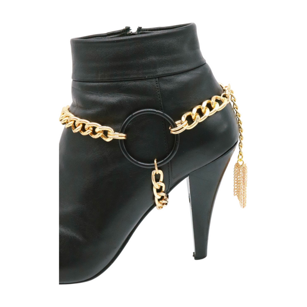 Women Gold Metal Chain Boot Bracelet Shoe Black Circle Charm Tassel
