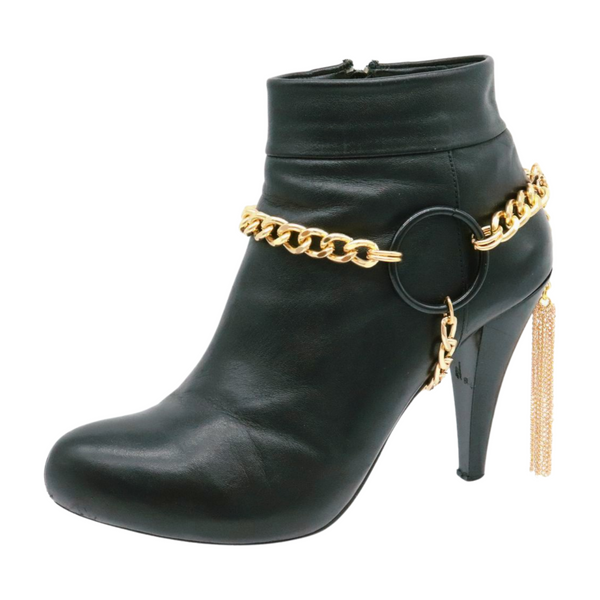 Women Gold Metal Chain Boot Bracelet Shoe Black Circle Charm Tassel