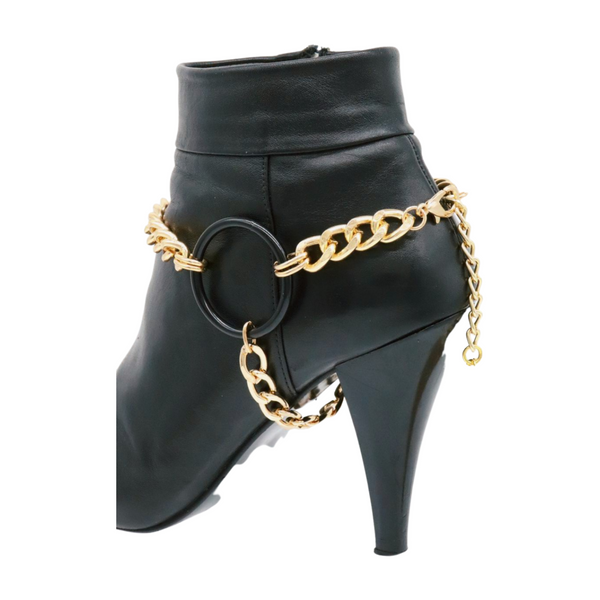 Women Gold Metal Chain Boot Bracelet Shoe Black Circle Charm Tassel