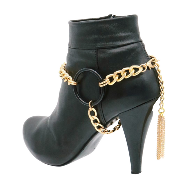 Women Gold Metal Chain Boot Bracelet Shoe Black Circle Charm Tassel