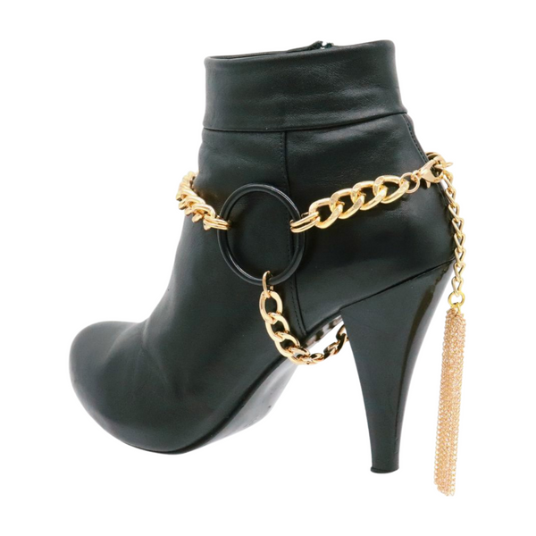 Women Gold Metal Chain Boot Bracelet Shoe Black Circle Charm Tassel