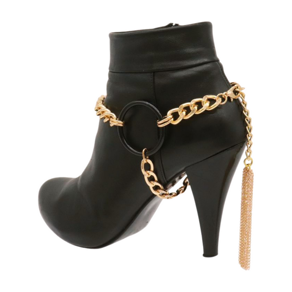 Women Gold Metal Chain Boot Bracelet Shoe Black Circle Charm Tassel