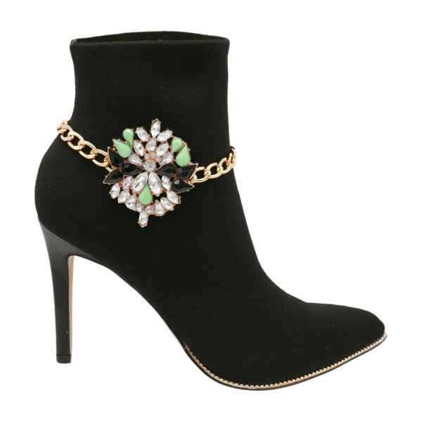 Women Gold Metal Chain Boot Bracelet Shoe Green Flower Charm