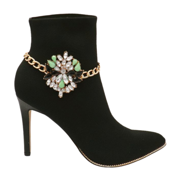 Women Gold Metal Chain Boot Bracelet Shoe Green Flower Charm