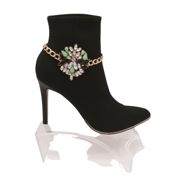 Women Gold Metal Chain Boot Bracelet Shoe Green Flower Charm