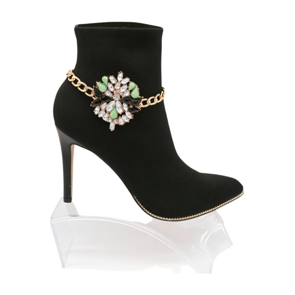 Women Gold Metal Chain Boot Bracelet Shoe Green Flower Charm